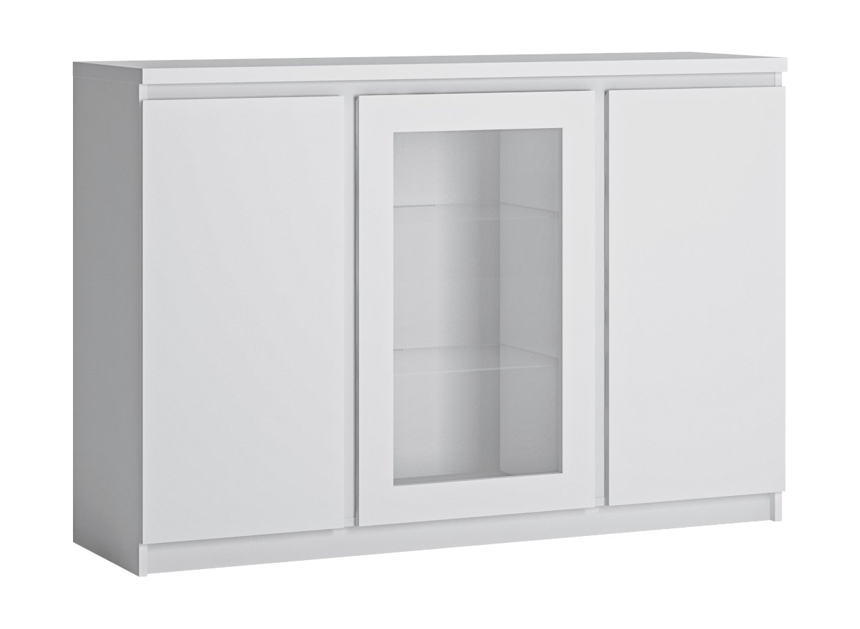 nowoczesna, biała komoda z przeszklonym frontem