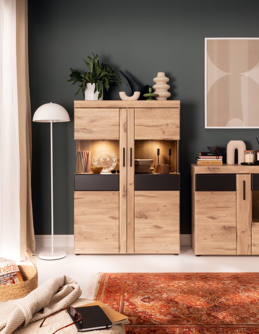 Podswietlana witryna do salonu Aranzacja salonu z witryna