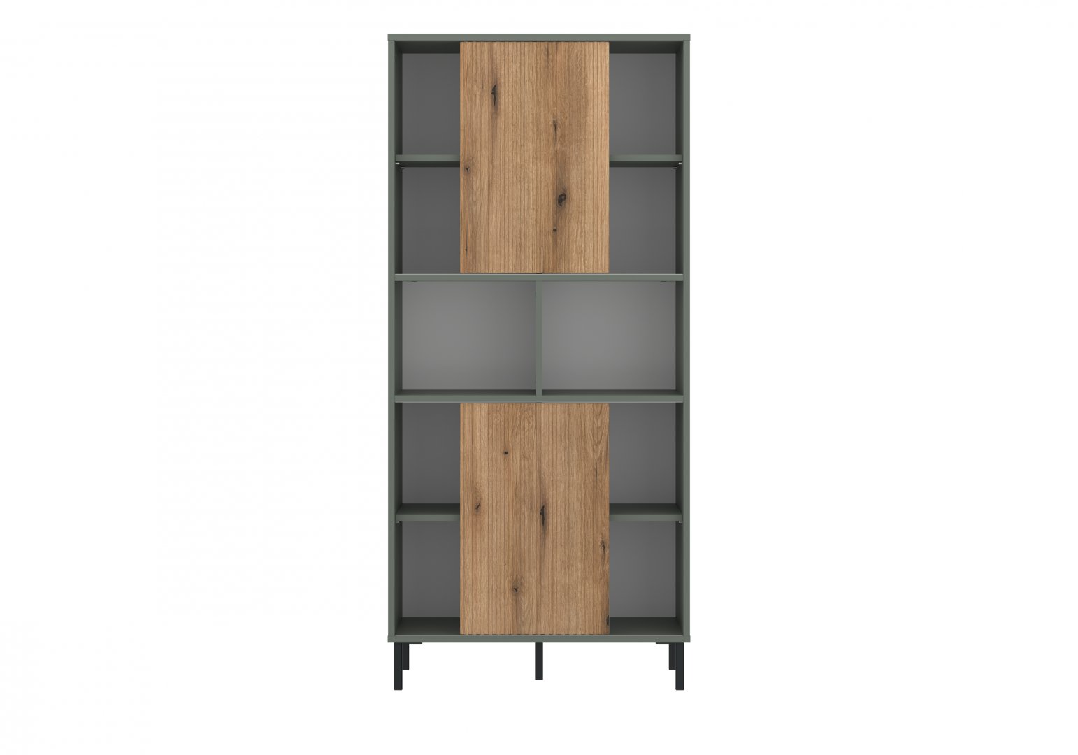 Wysoki regał z przesuwnymi frontami na metalowych nóżkach Regał z ryflowanymi frontami do salonu