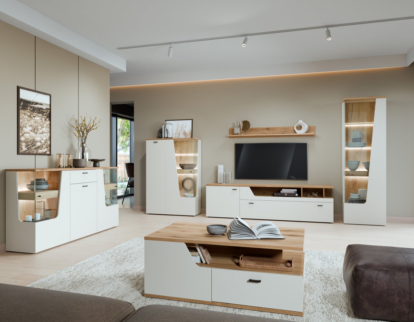 Designerskie meble do salonu z pojemną witryną Meble z oświetleniem  i przeszkleniami do salonu