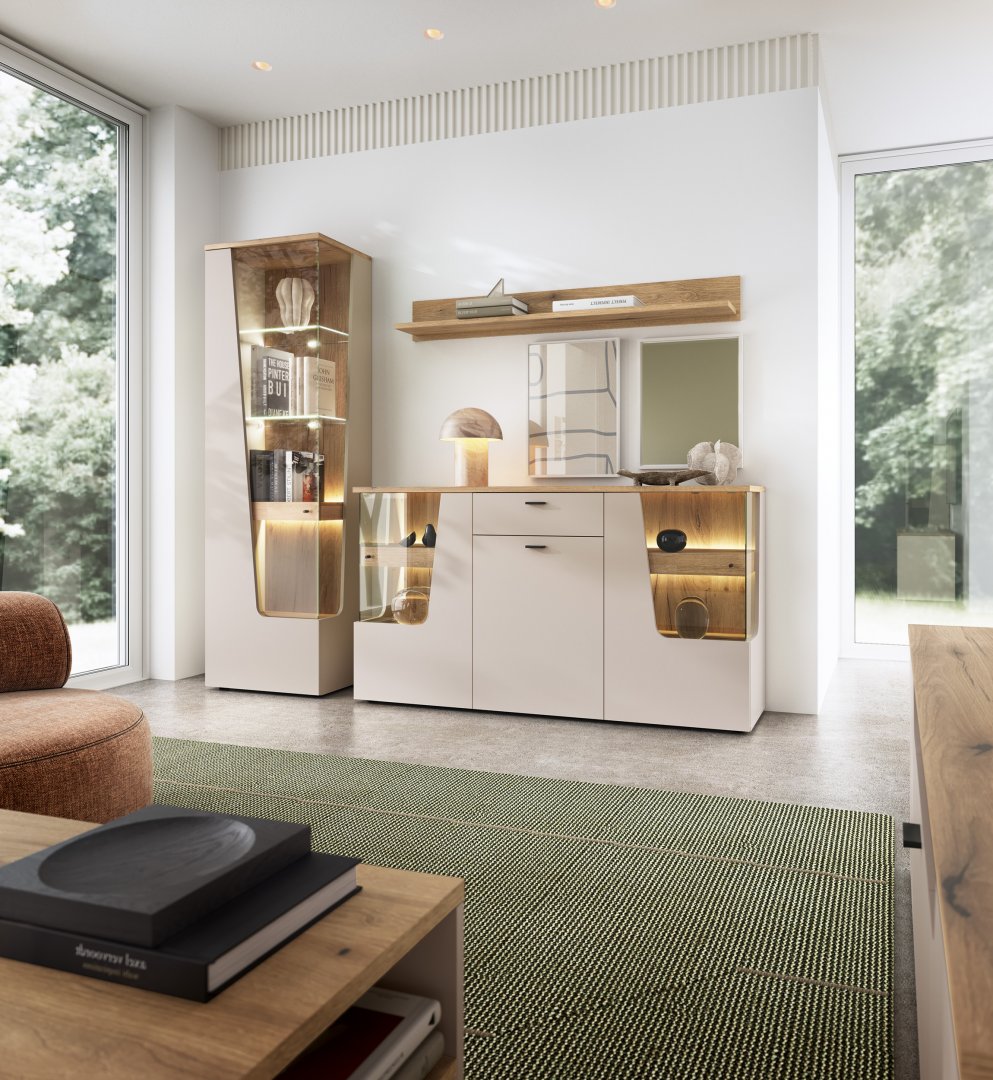 Delikatne połączenie dekoru drewnianego z kaszmirem Unikatowa komoda do salonu z ciekawym designem